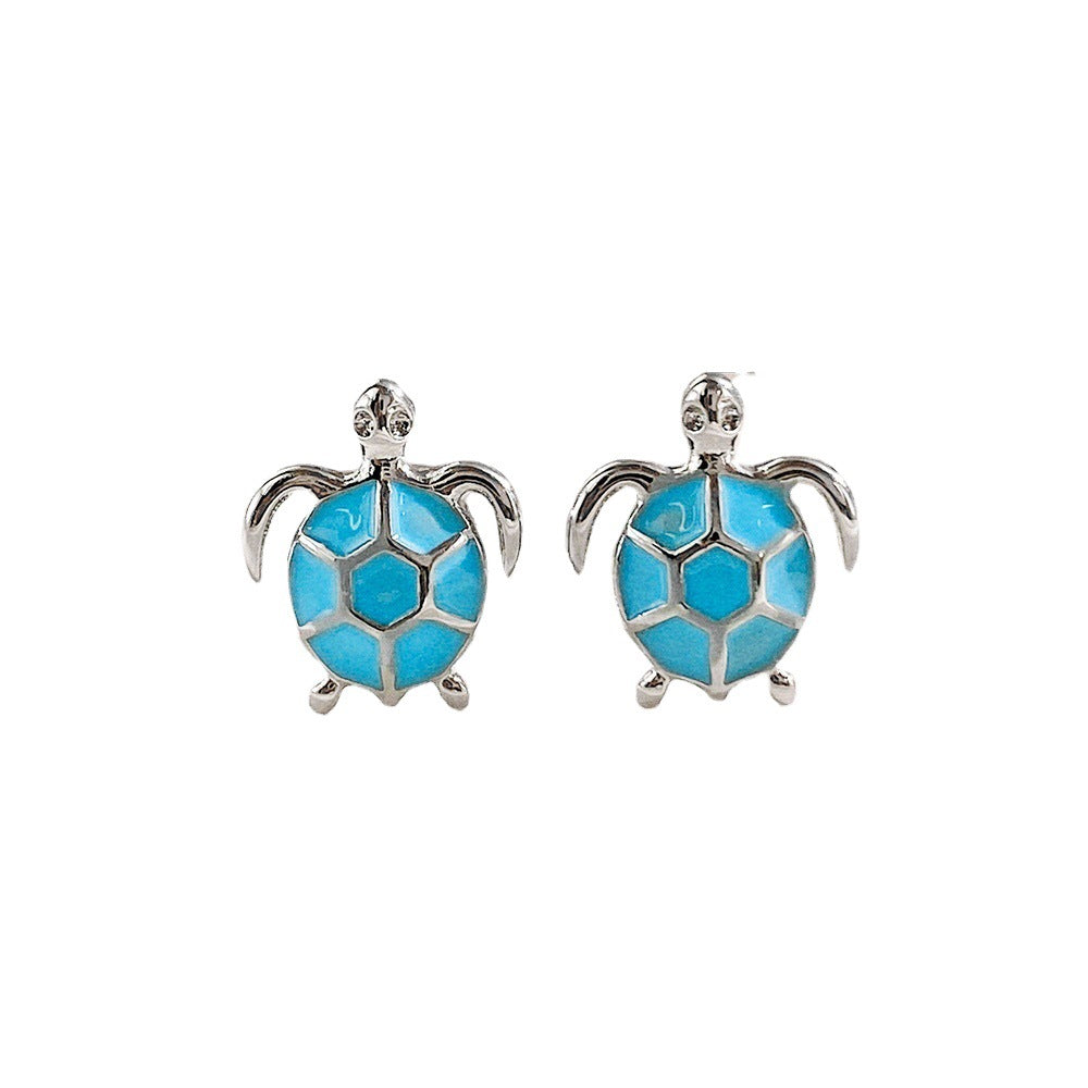 Sier Shi Cute Blue Turtle Ear Dripping Oil Earrings