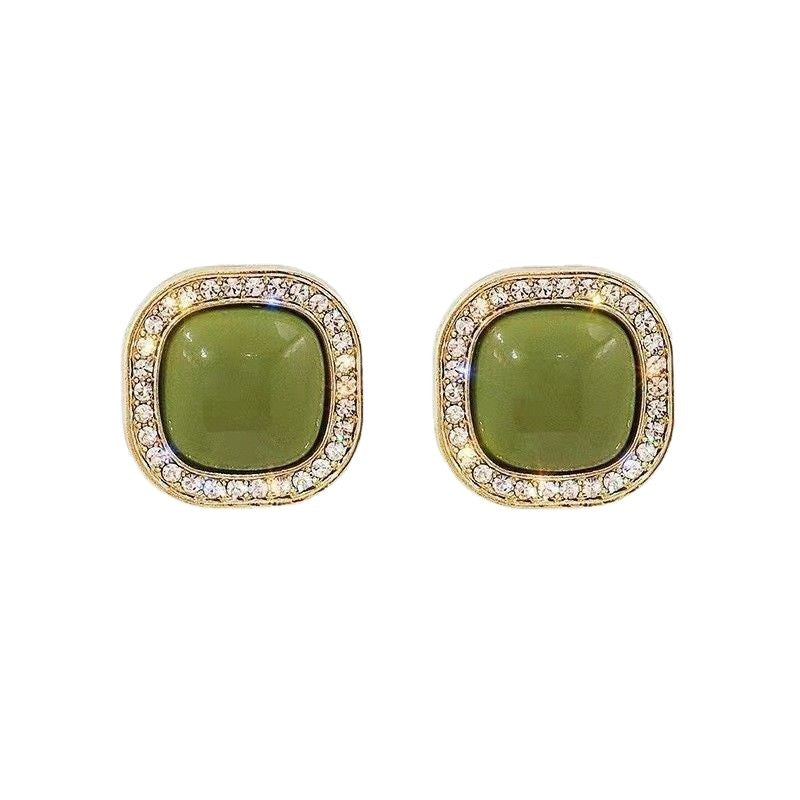 Avocado Green Geometric Rhinestone Temperamental Cold Style French Vintage Pearl Stud Earrings