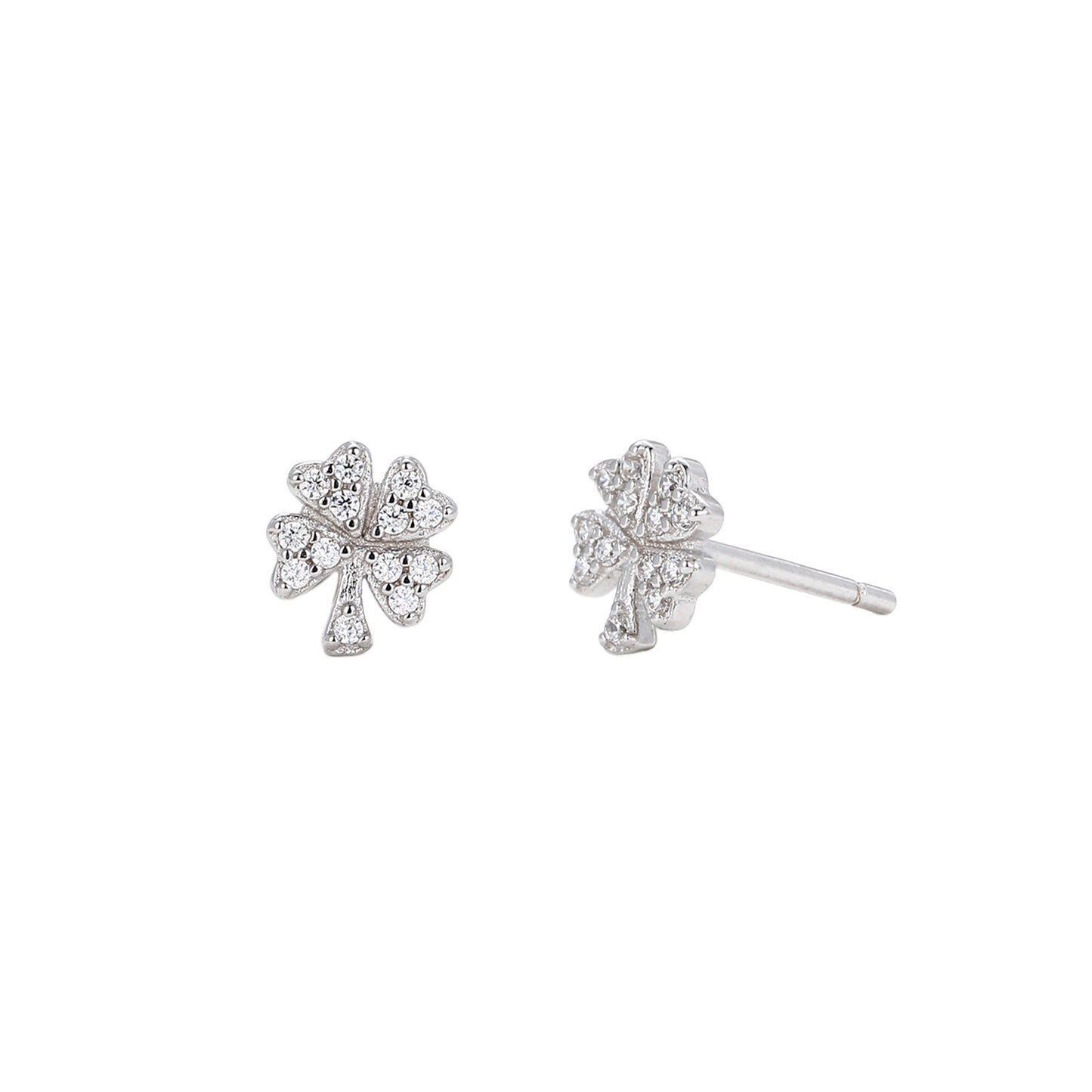 Sier Simple Small Micro Inlaid Stone Four Leaf Clover Ear Stud Earrings