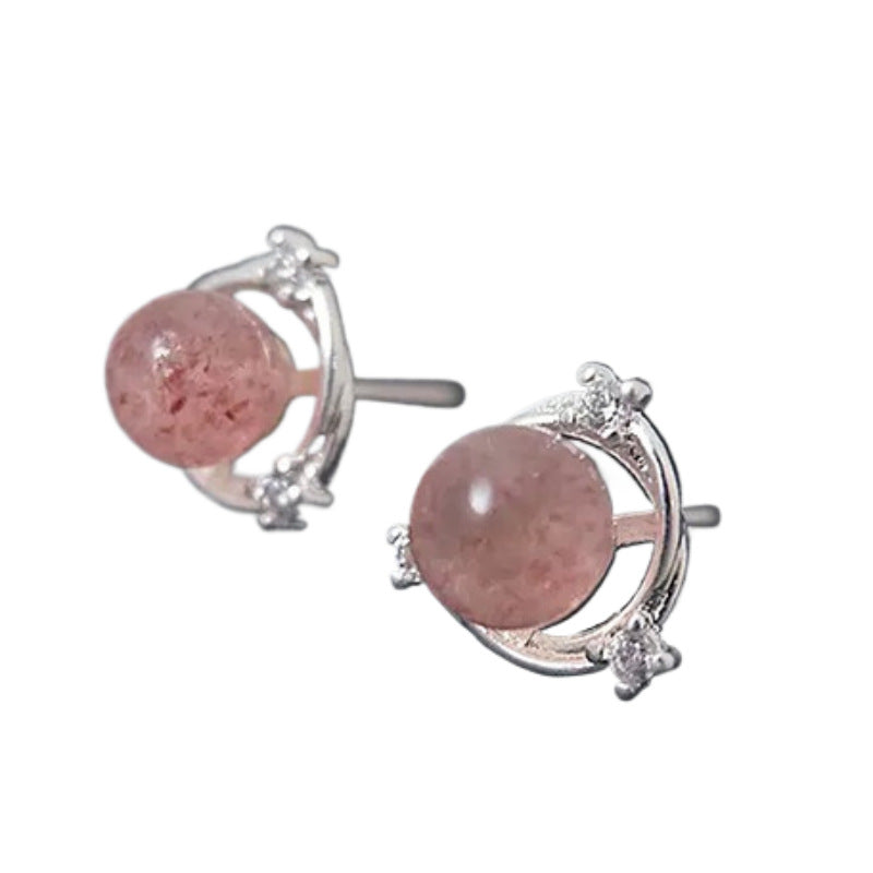 Female Mori Temperament Pink Crystal Simple Compact Earrings