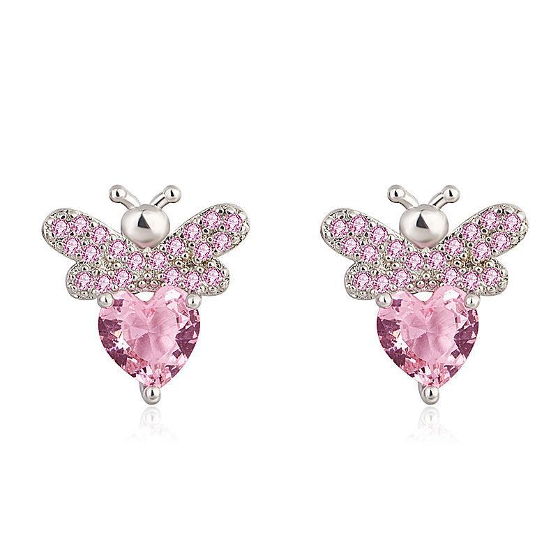 Korean Style Elegant Pink Diamond Little Bee Set Earrings