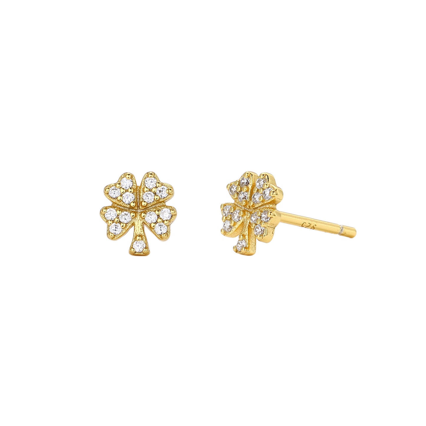 Sier Simple Small Micro Inlaid Stone Four Leaf Clover Ear Stud Earrings