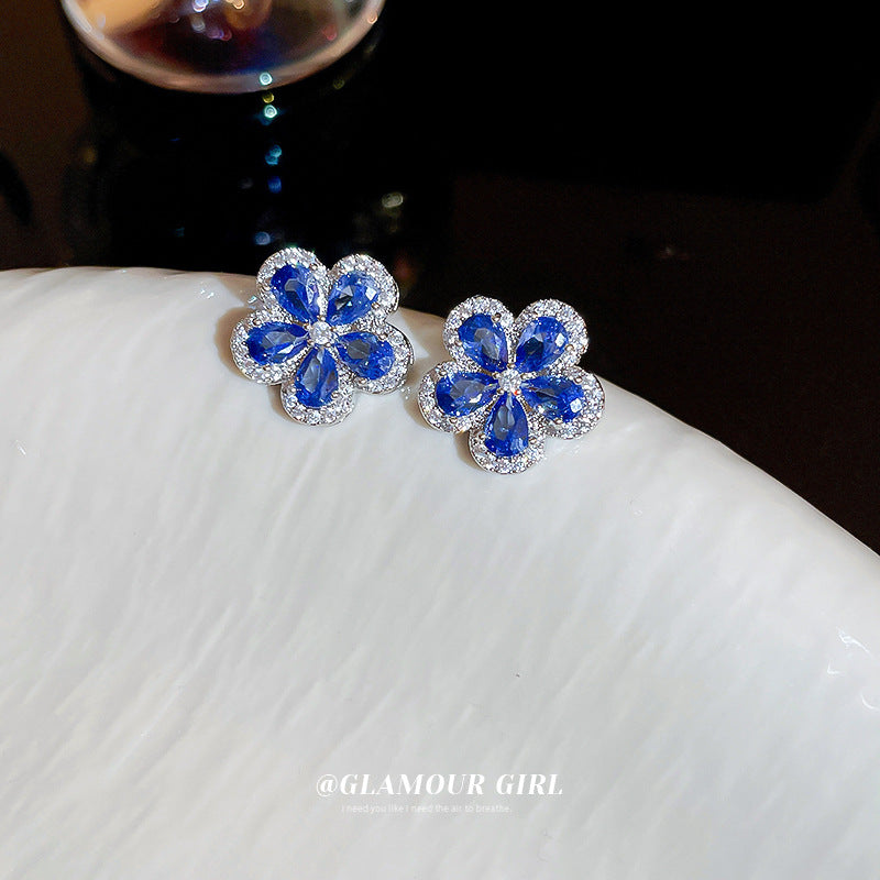 Needle Micro Inlaid Zircon Blue Flower Fresh Personality Earrings