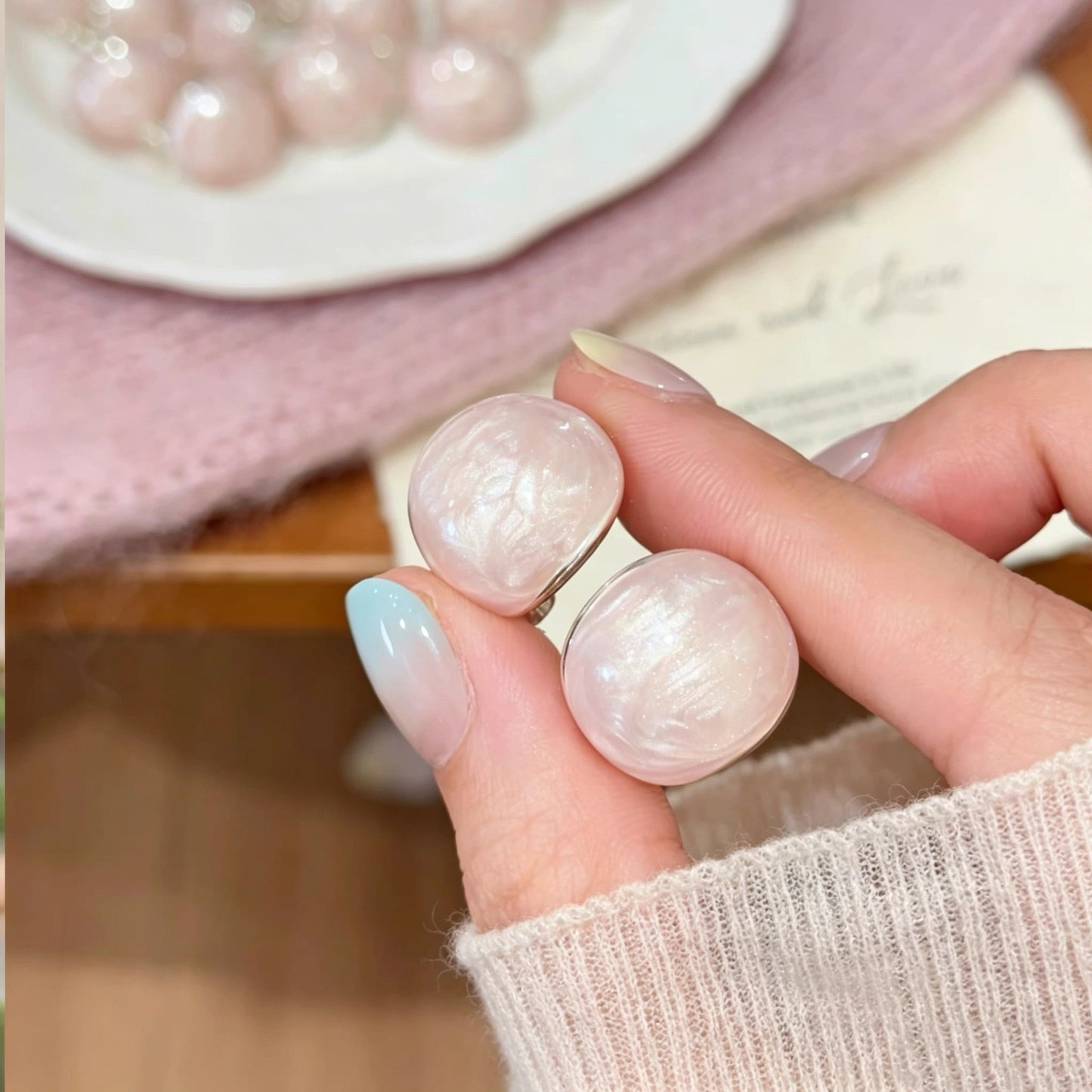 Women's Light Pink Purple Flash Round Cake Ethereal Design Earrings