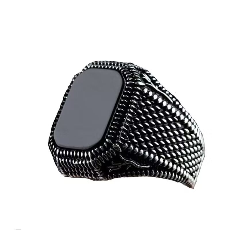 Men's Retro Natural Black Square Agate Texture Ring