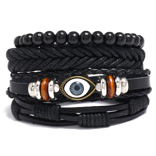 Combination Black Leather Vintage Weave Eye Bracelets