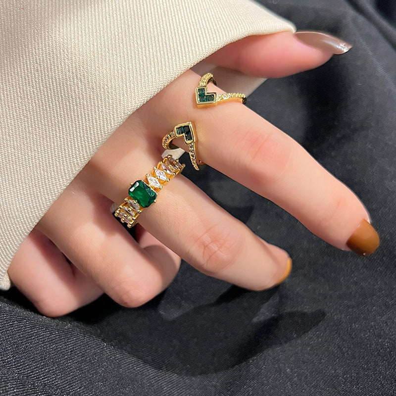 Fashion Retro Style Green Inlaid Zircon Female Simple Cold Rings