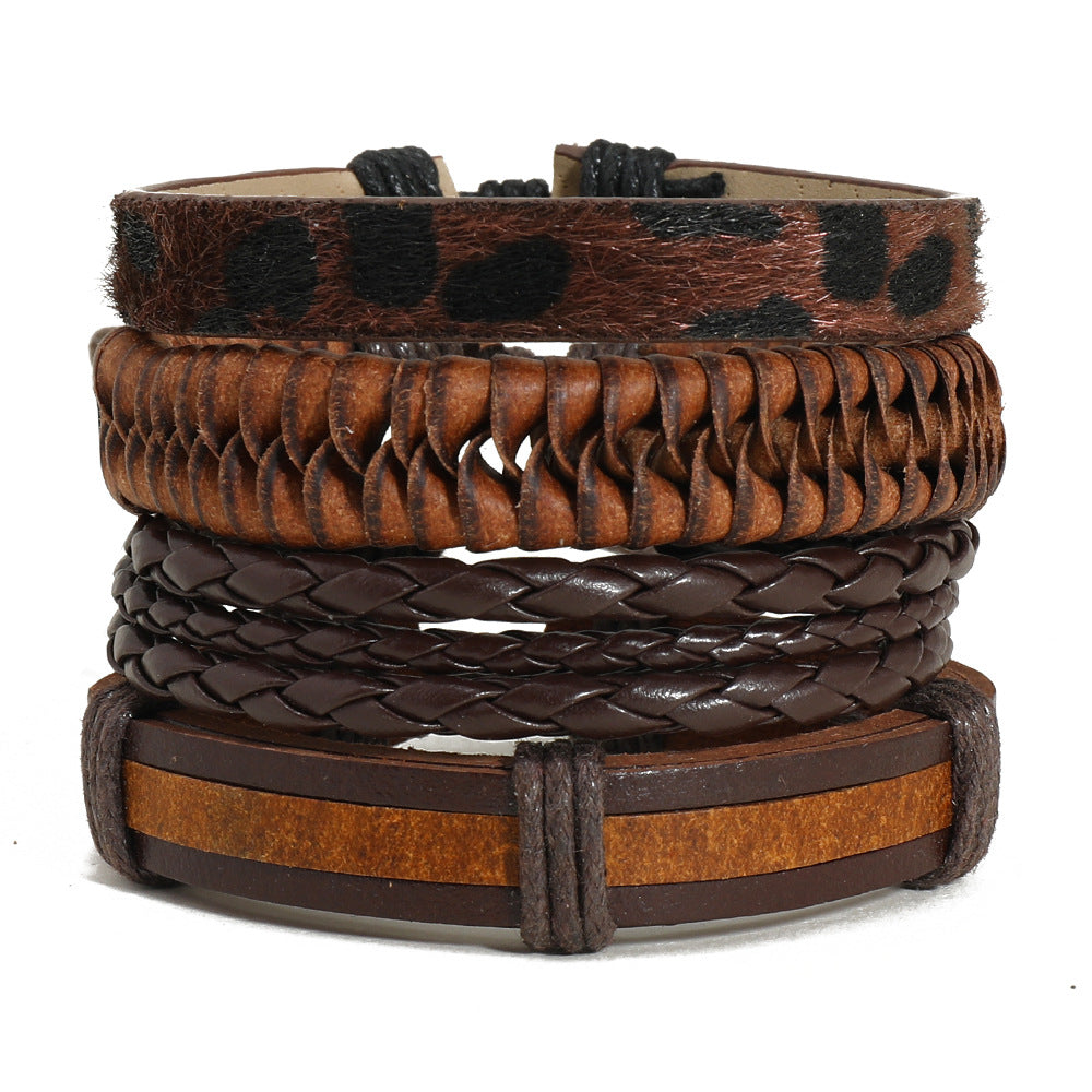 Women's & Men's & Ornament Simple Handmade Weave Vintage Cattle Leather Set Bracelets