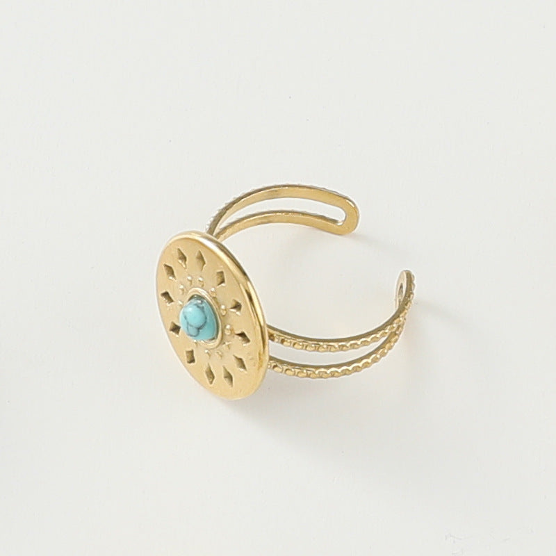Stainless Steel Ladies Natural Stone Turquoise Shank Retro Ring