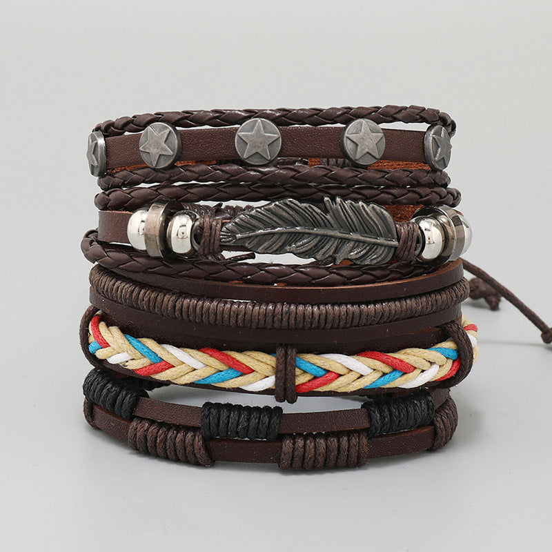 Simple Weave Vintage Leather Accessories Set Combination Bracelets