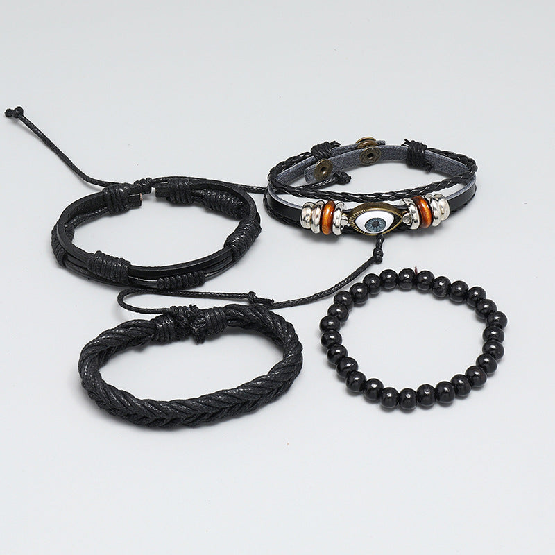 Combination Black Leather Vintage Weave Eye Bracelets