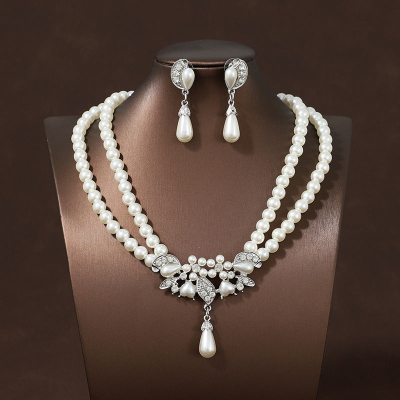 Women's Bridal Wedding Two-piece Dress Rhinestone Pearl Jewelry Set