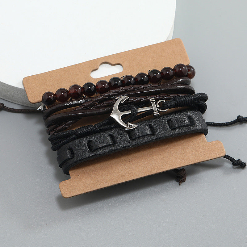 Simple Vintage Weave Boat Anchor Cowhide Carrying Strap Leather Bracelets