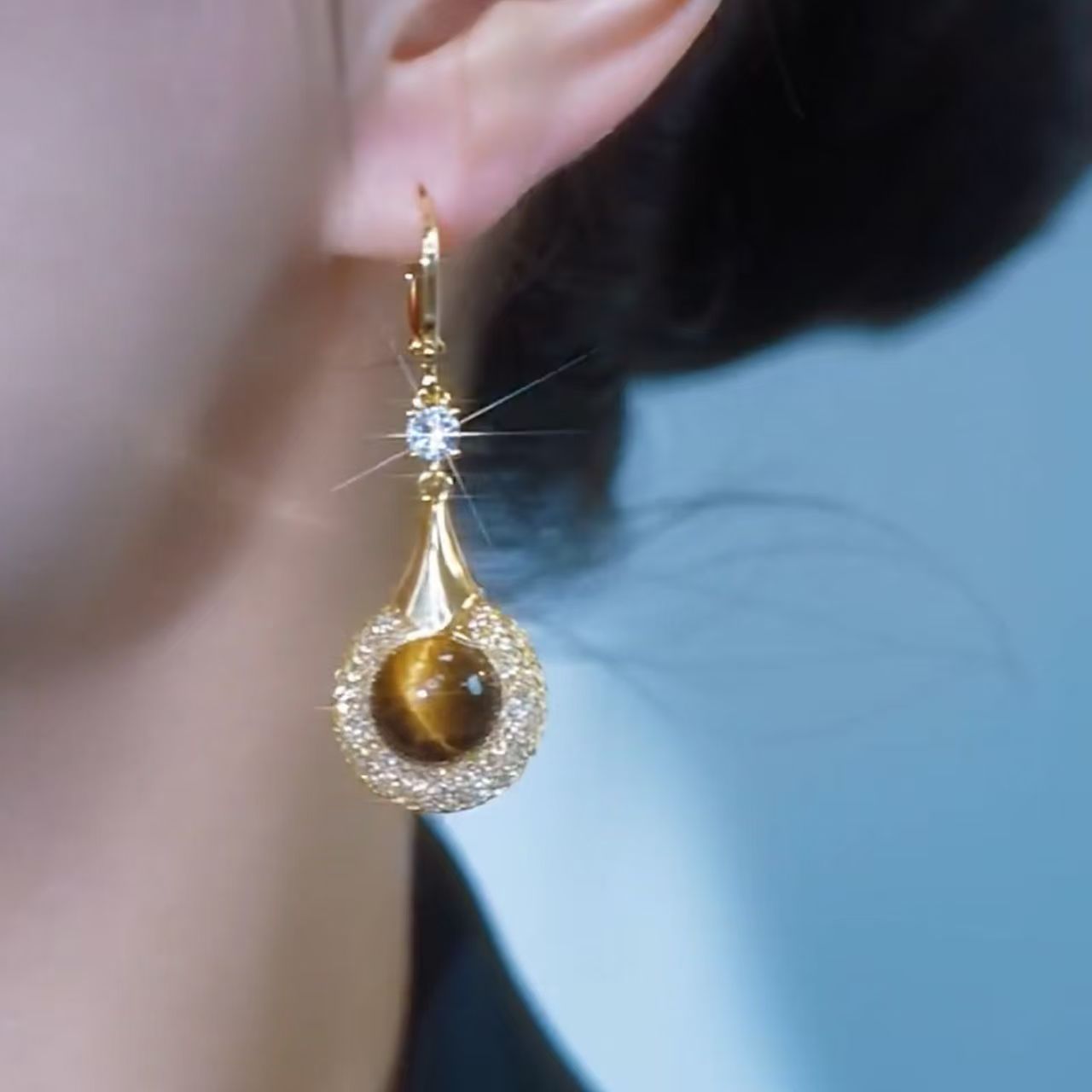 Winding Hollow Tigereye Chinese Style Female Light Luxury Minority Palace Earrings