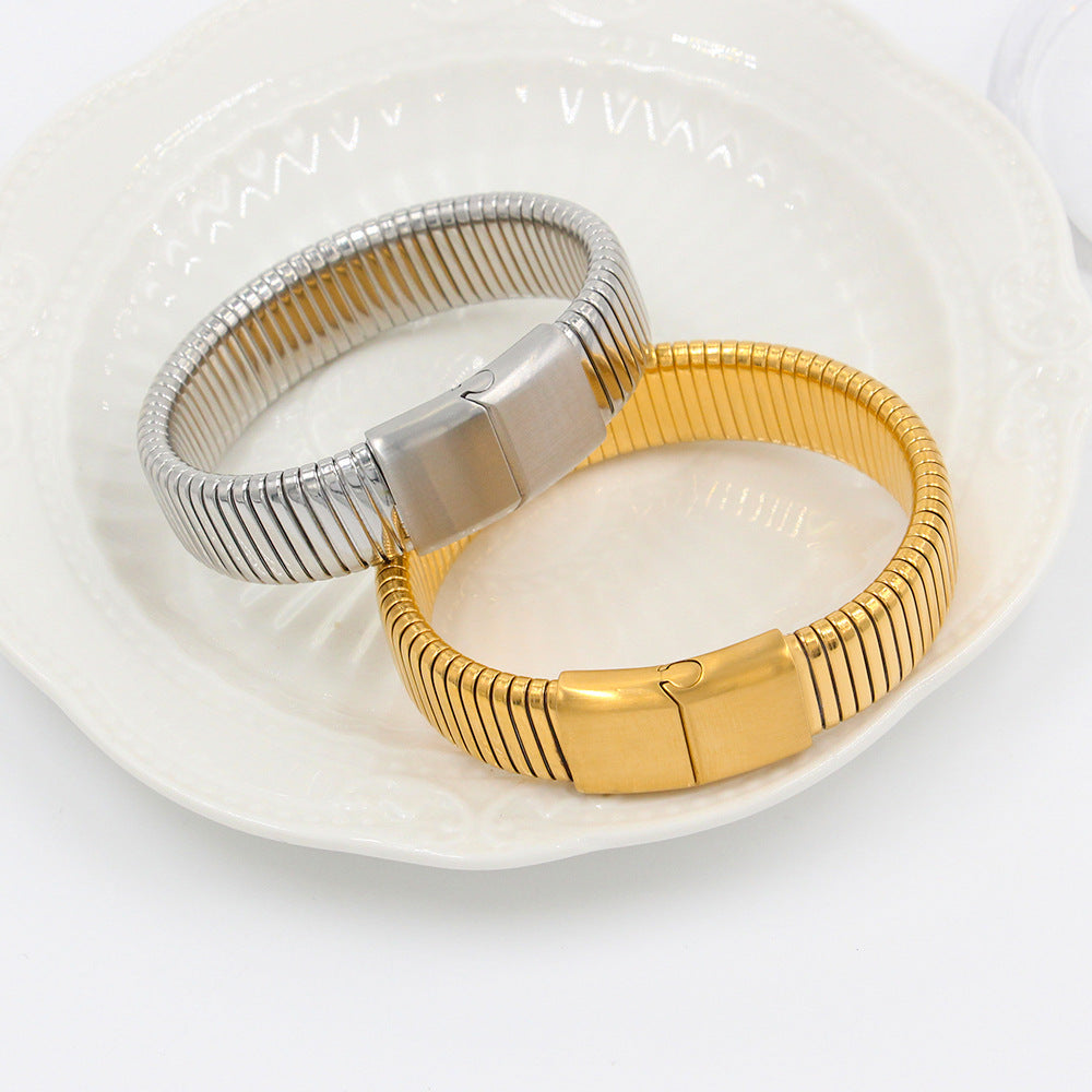 Decorative Stainless Steel Finishing Polish Magnetic Snap Elastic Wide Surface Bracelets