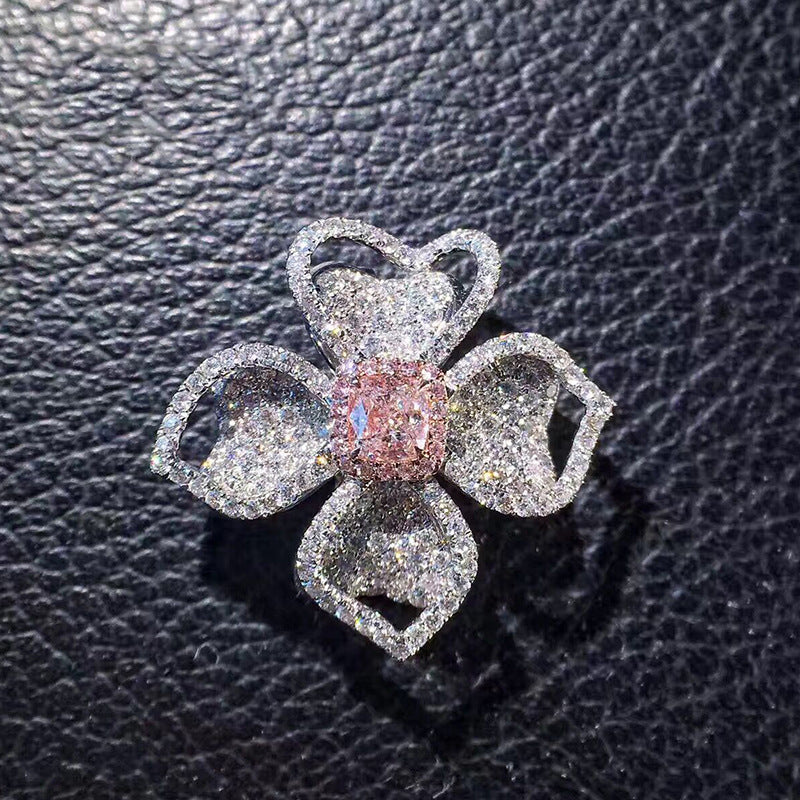 Fashion Luxury Light Pink Diamond Female Clover Rings