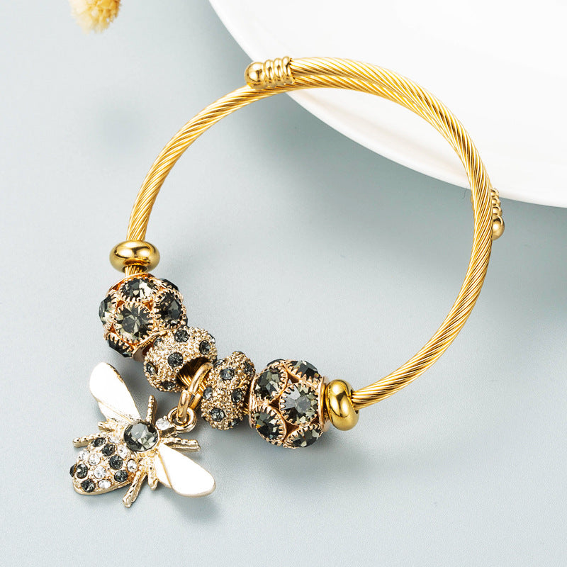 Alloy Gold Adjustable Bee Shiny Rhinestone Ball Bracelets