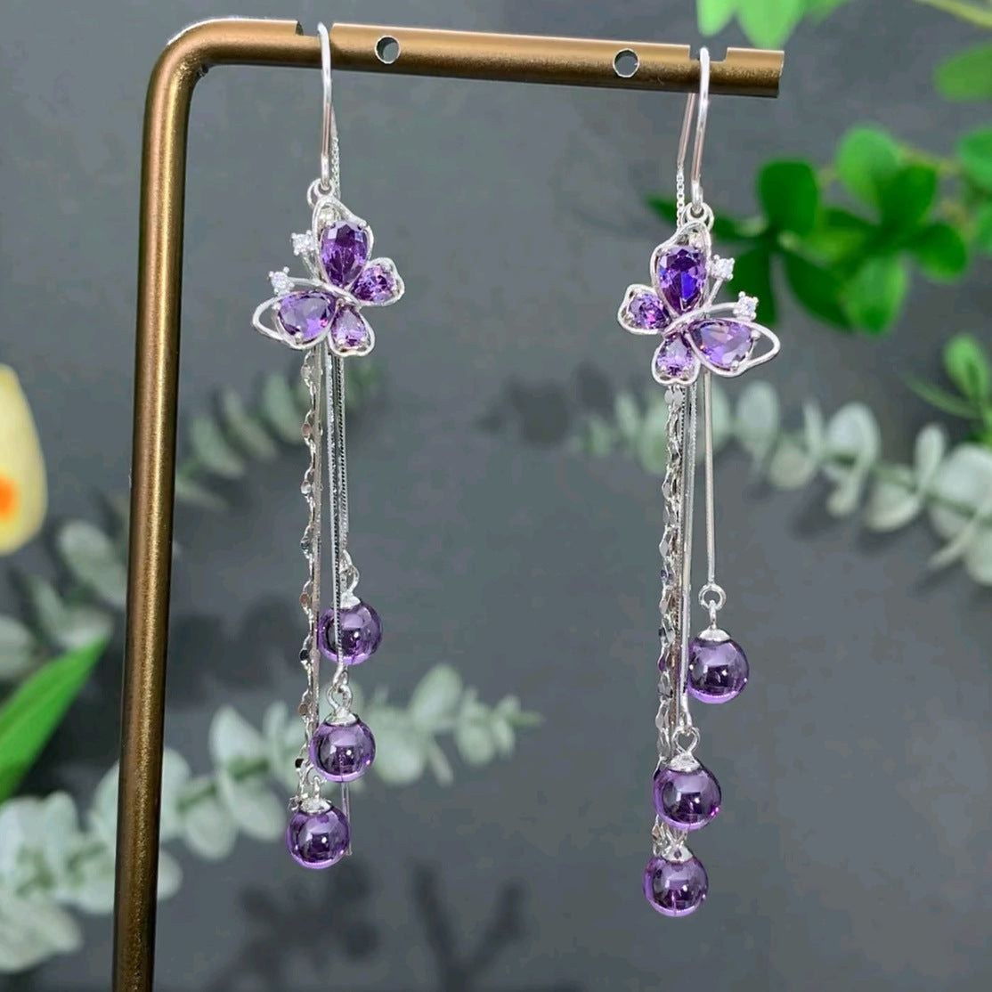 Women's Luxury Long Purple Zircon Butterfly Tassel Design Sense Earrings