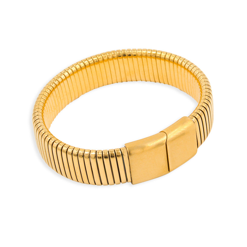 Decorative Stainless Steel Finishing Polish Magnetic Snap Elastic Wide Surface Bracelets