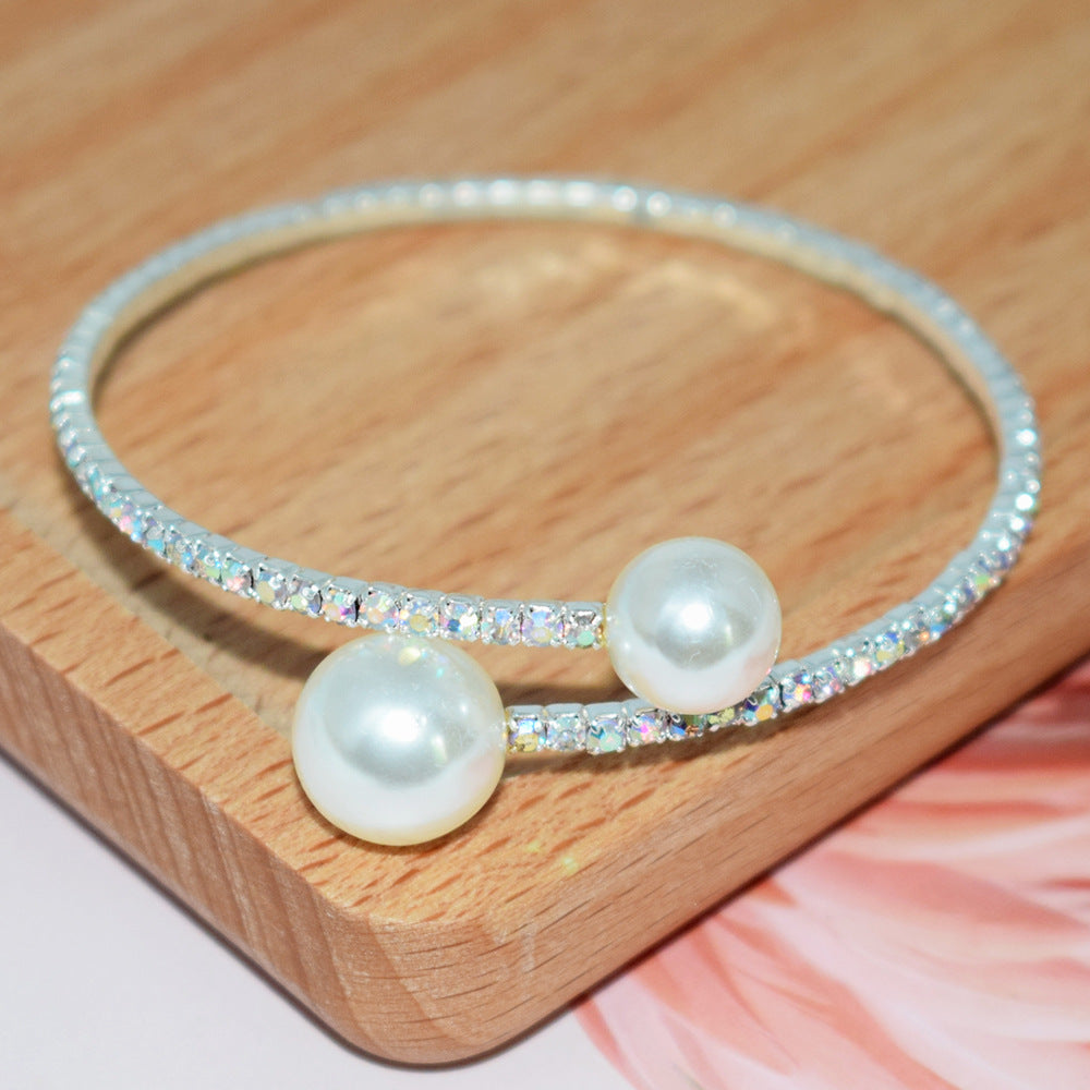 Fashion Bridal Elegant Shiny Rhinestone Pearl Single Row Hand Bracelet