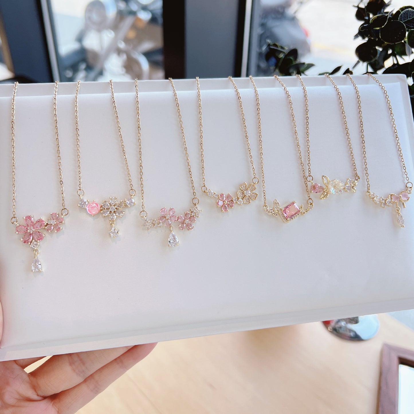 Luxury Sweet Super Pink Flowers Water Drop Female Fully Jeweled Necklace