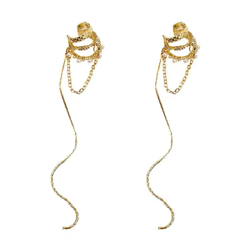 Pearl Zircon Tassel Long Clip-on Elegant Female High Earrings