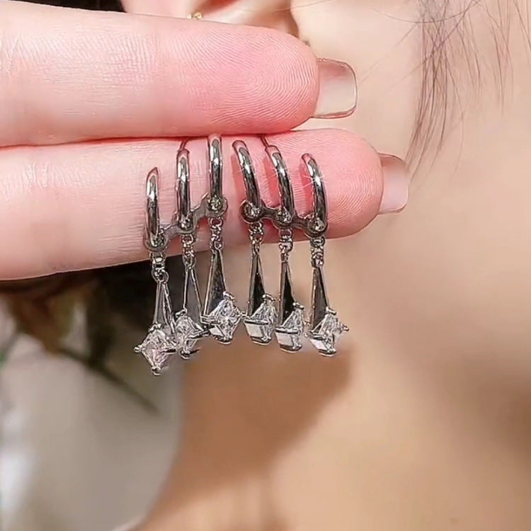 Three Rows Ear Personality Tassel Shiny Diamond Female Stud Earrings