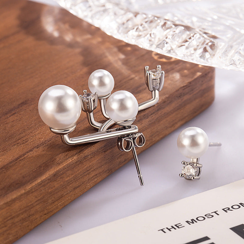 Asymmetric Pearl Star Point Zircon Ear Design Light Luxury Stud Earrings