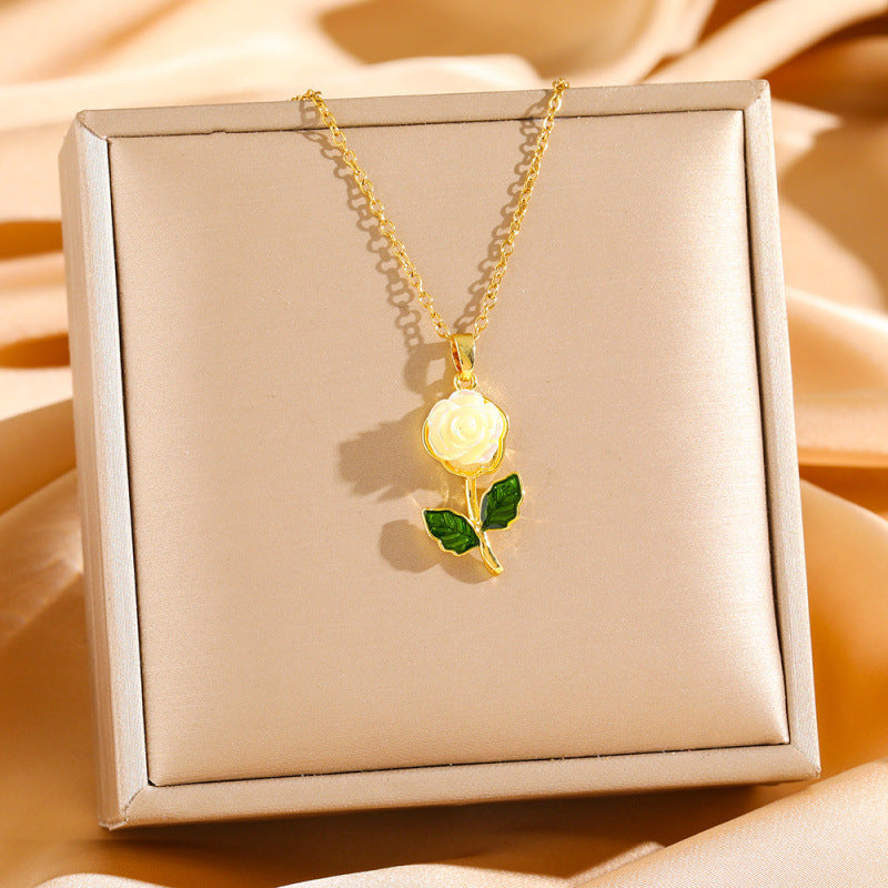 Women's Titanium Steel Rose Full Diamond Light Luxury Temperament Gorgeous Clavicle Necklace