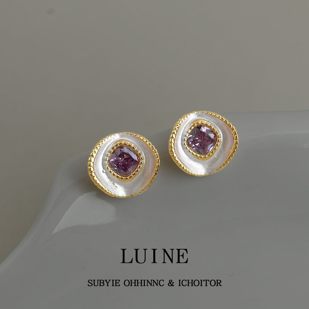 Women's Fashionable High-grade Inlaid Zircon Purple Elegant Geometric Curved Surface Round Stud Earrings