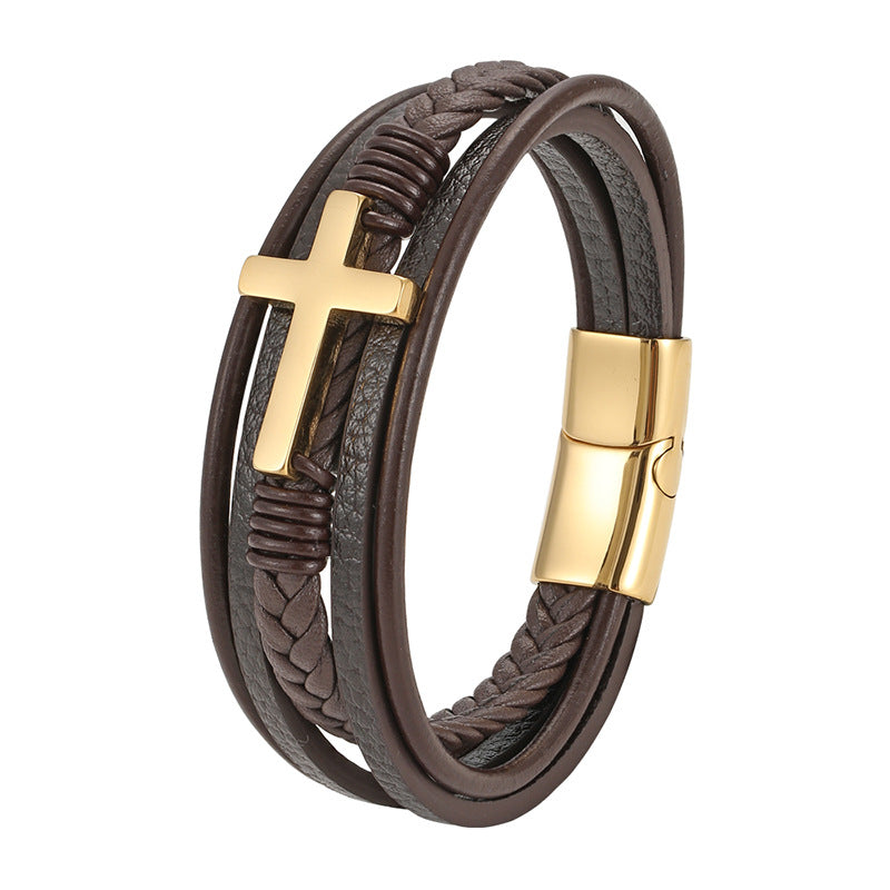 Men's Coffee Color Leather Cross Rope Woven Stainless Steel Genuine Bracelet