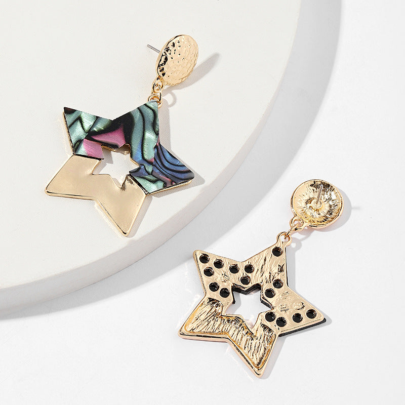 Daily Colorful Five-pointed Star Hollow Out Stitching Pendant Earrings