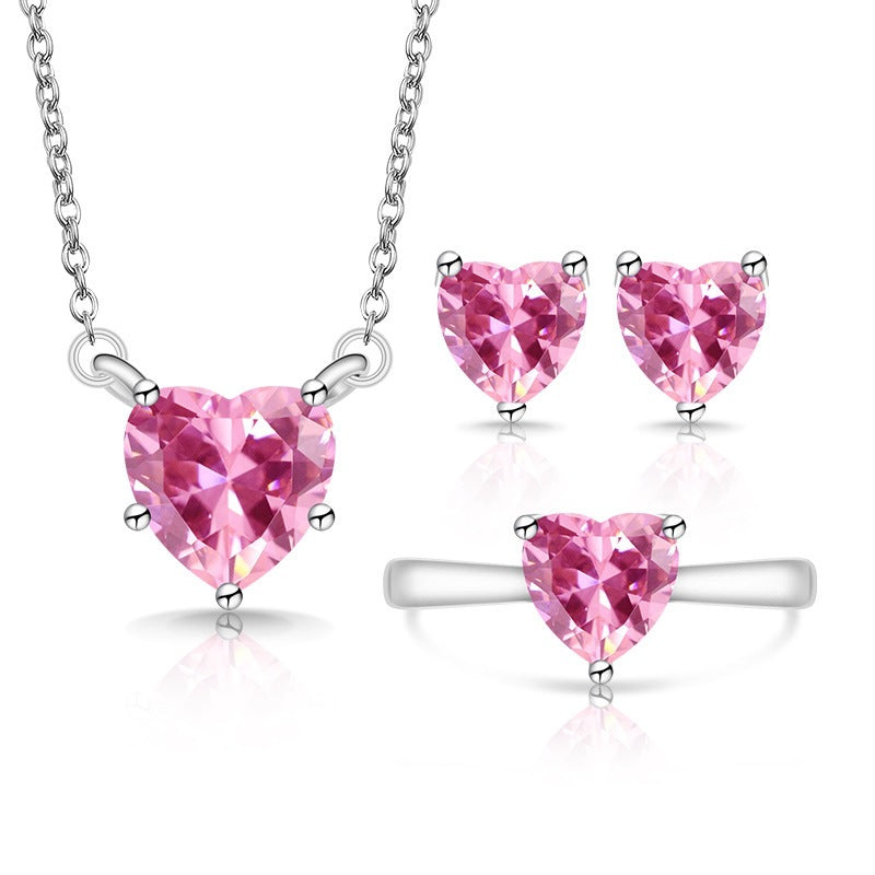 Fashion Trendy Heart-shaped Zircon Colored Gems Korean Style Love Crystal Jewelry Set