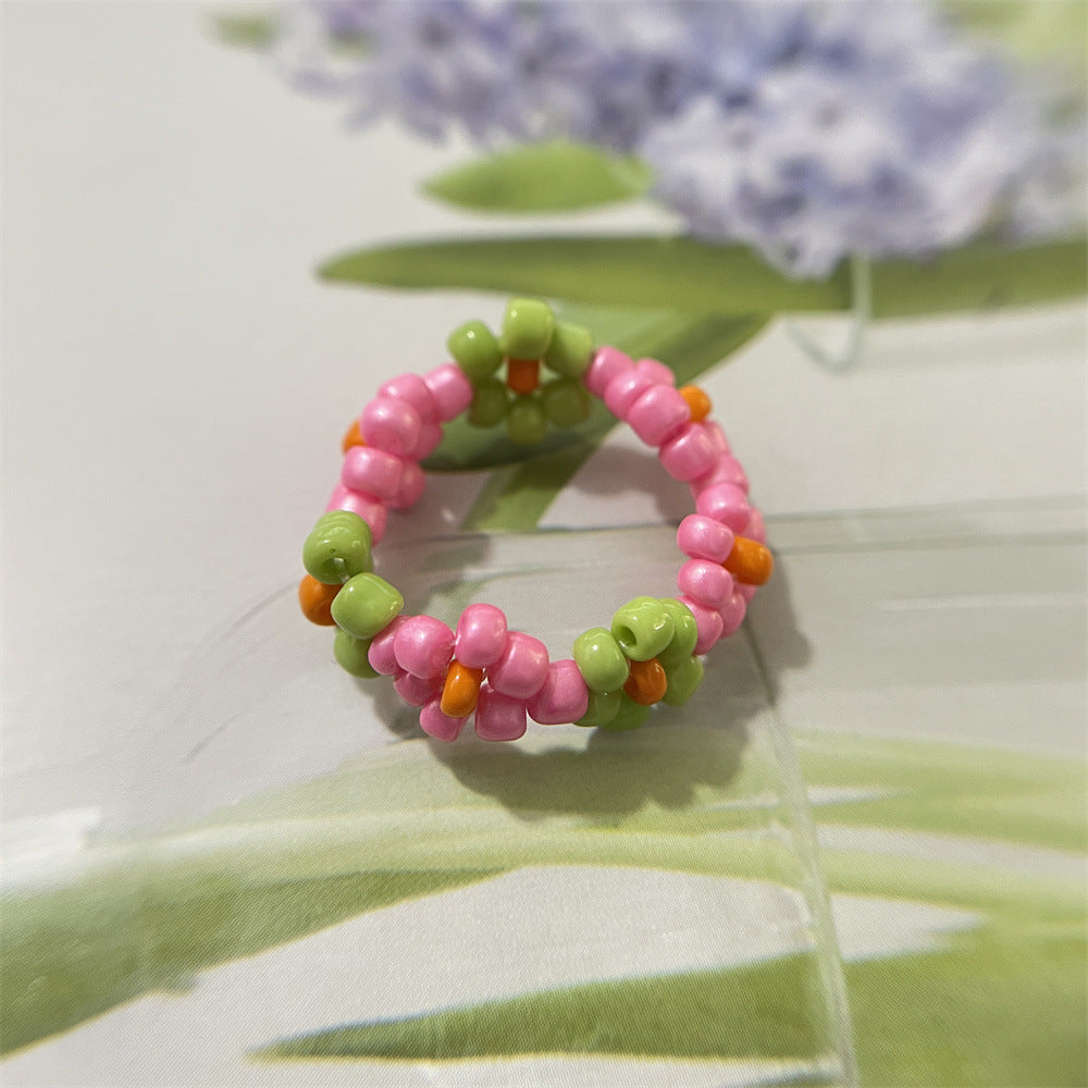 Bead Flower Colorful Woven Small Index Finger Female Rings