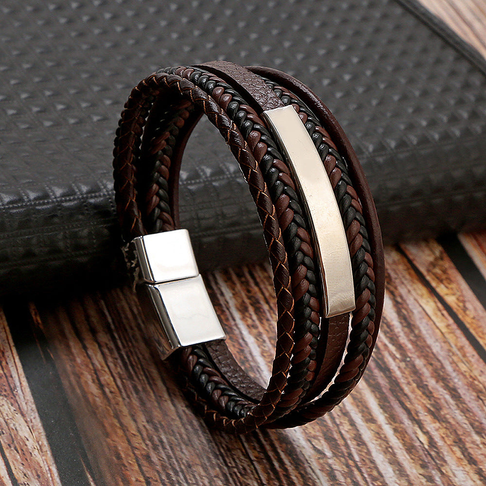 Men's Leather Retro Woven Stainless Steel Magnetic Bracelets