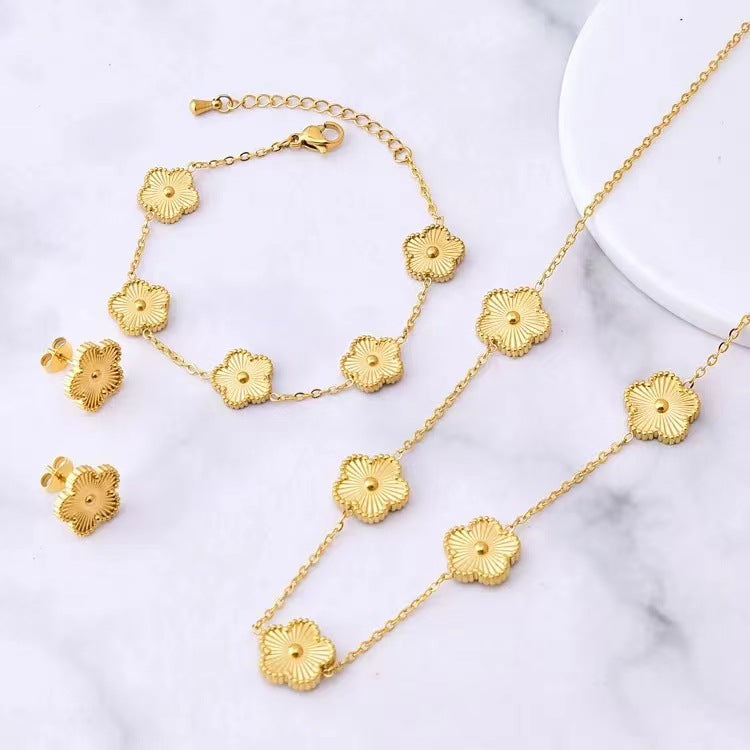 Stainless Steel Waterproof Color Retaining Lucky Parthenocissus Grass Flower Jewelry Set
