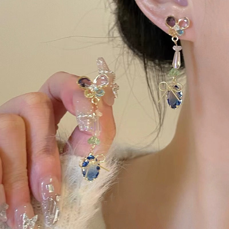 Women's Summer Super Match Mori Style Colorful Crystals Butterfly Long For Stud Earrings