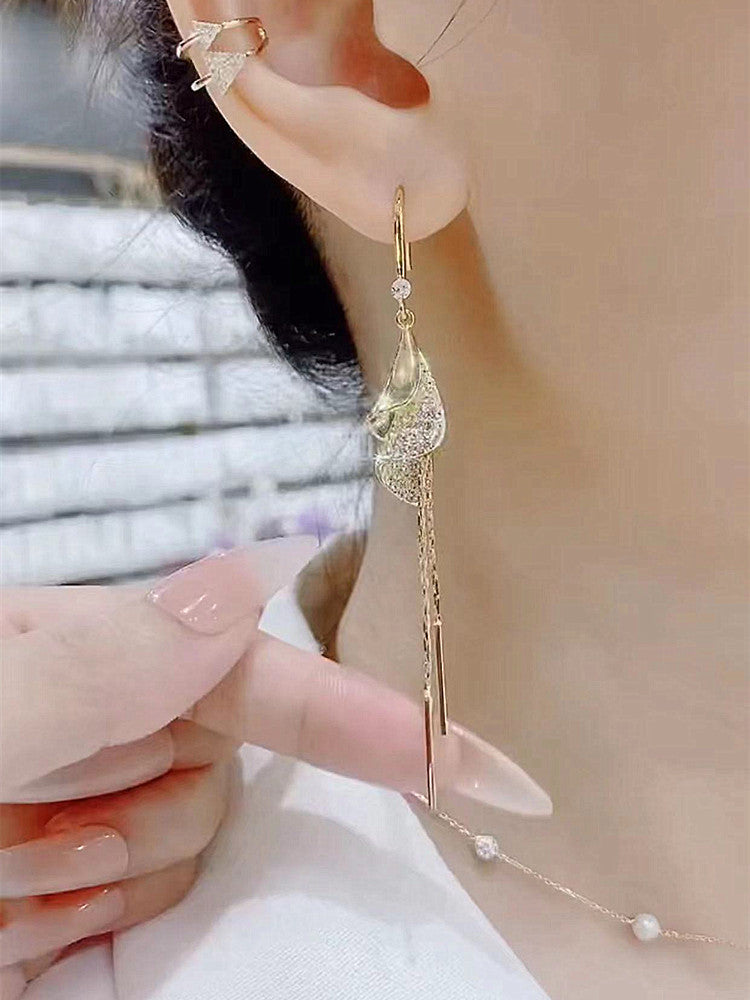 Women's Unique Design High-grade Full Diamond Spiral Trendy Long Tassel Temperament Earrings