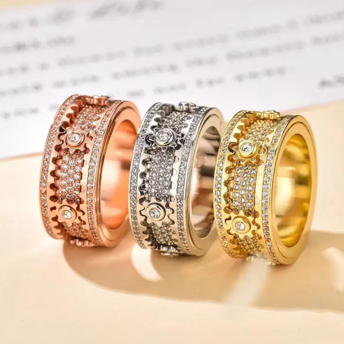 Durable Copper Inlaid Gear Rotatable Couple Rings