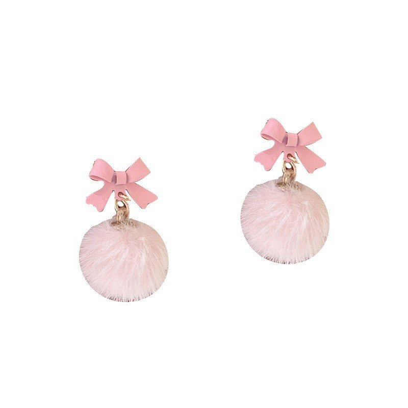 Bow Fur Ball Fairy Ear Clip Earrings