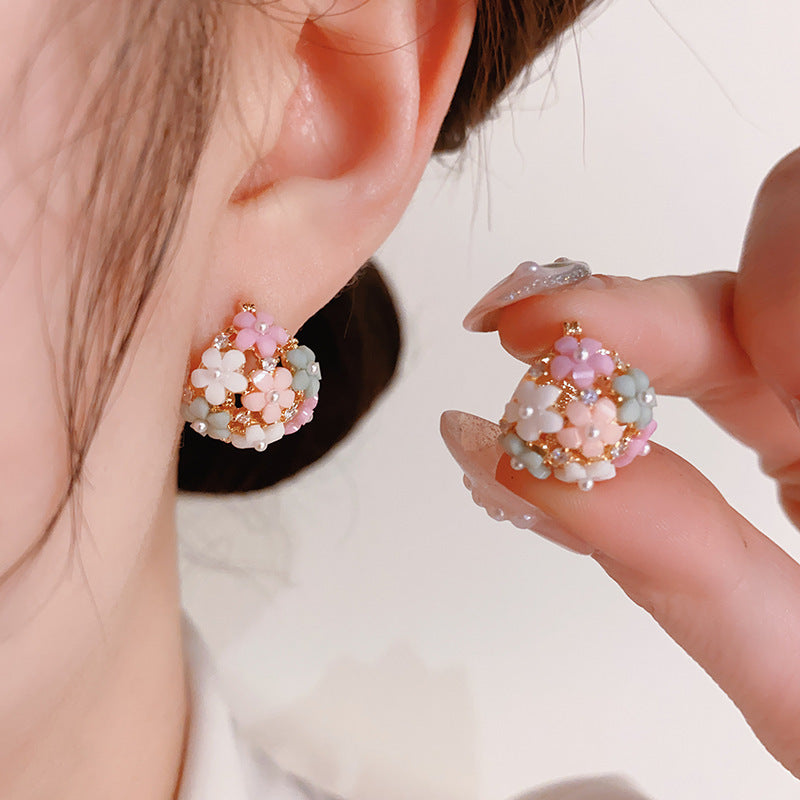 Women's Stylish Zircon Pearl Flower Basket Clip Niche Design Ear Buckle