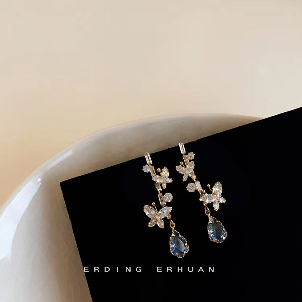 Bright Zircon Glass Crystal Sier Needle Plated Butterfly Water Drop Earrings