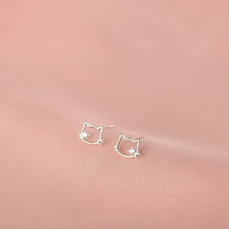 Women's Sterling Sier Cute Cat Ear Simple Temperament Hollow Kitten Pin Stud Earrings