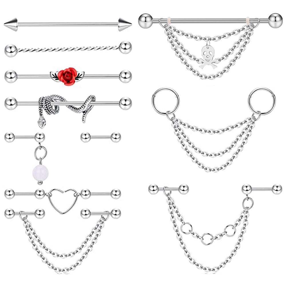 Industrial Rod Ear Bone Gem Flower Snake Chain Stud Earrings