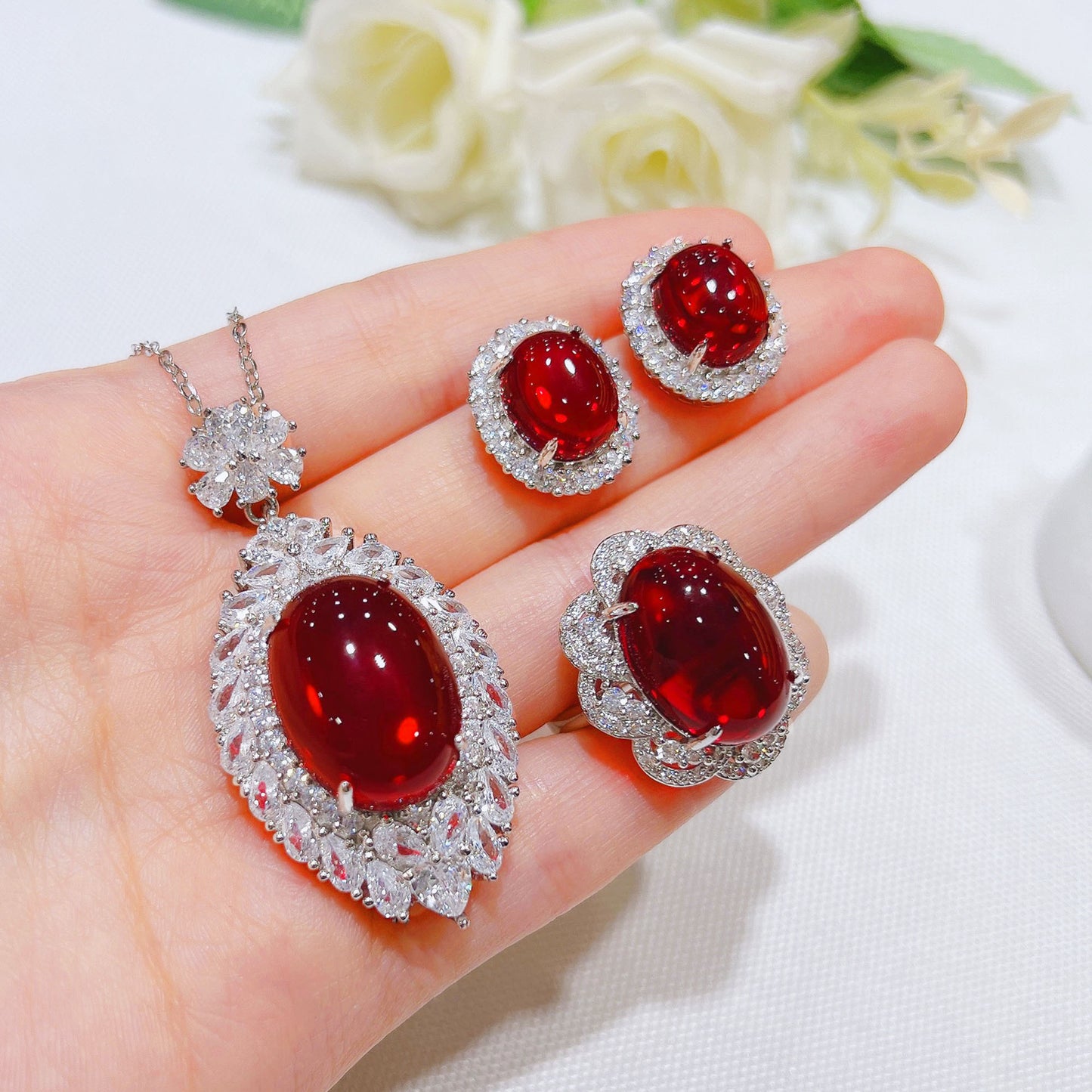 Ruby Full Diamond Big Zircon Festival Colored Gems Jewelry Set