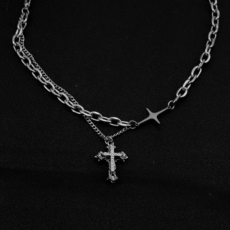 Personality Trendy Diamond Cross Pendant Titanium Steel Hip Hop Necklaces