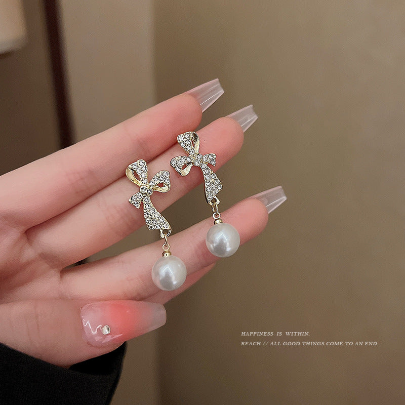 Sier Needle Refined Rhinestone Bow Female Earrings