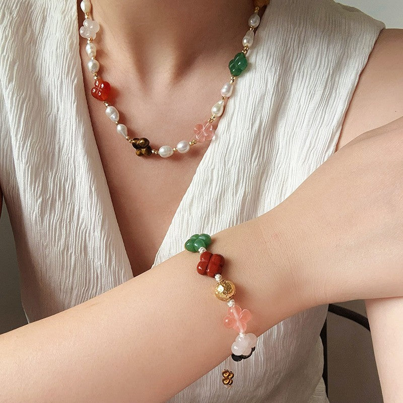 Women's Color Floret Pearl Pull High-grade Natural Stone Jewelry Set