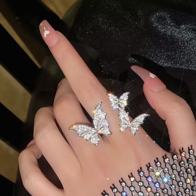 Full Diamond Butterfly Fashionable Exaggerated Light Luxury High-grade Three-dimensional Ring
