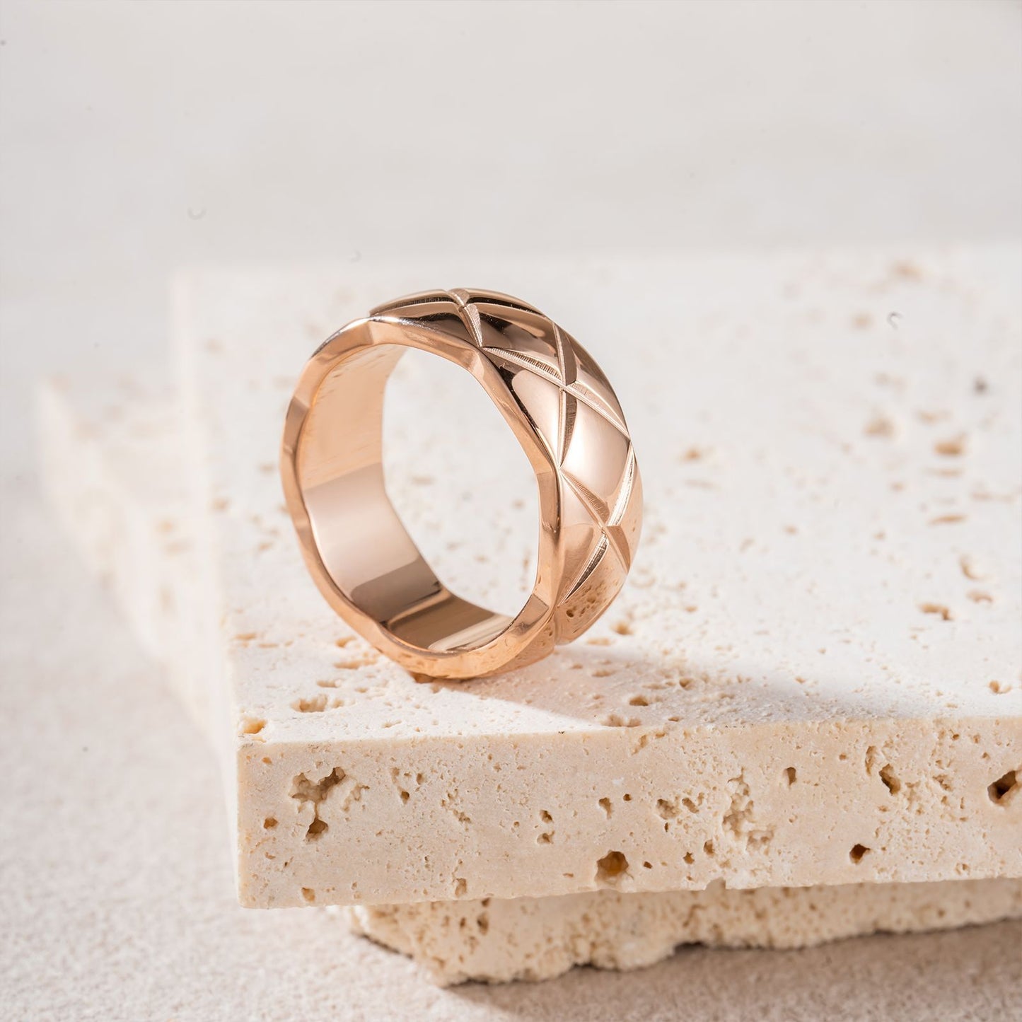 Classic Style Rhombus High Version Narrow Wide Couple Rose Gold Ring